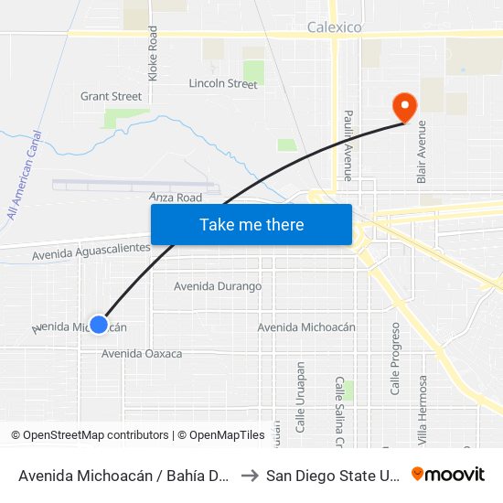 Avenida Michoacán / Bahía De San Jorge to San Diego State University map