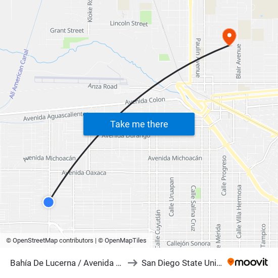Bahía De Lucerna / Avenida Tabasco to San Diego State University map