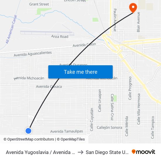Avenida Yugoslavia / Avenida Patriotismo to San Diego State University map