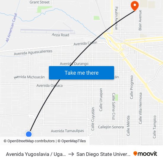 Avenida Yugoslavia / Uganda to San Diego State University map