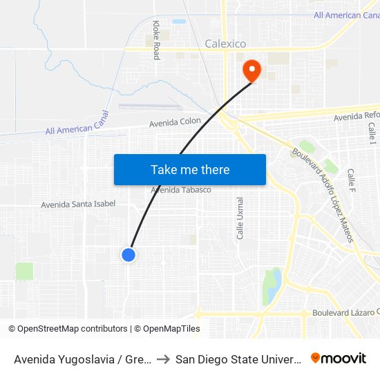 Avenida Yugoslavia / Grecia to San Diego State University map