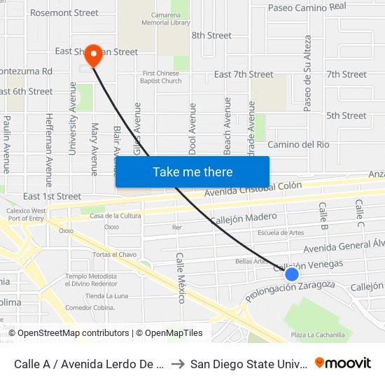 Calle A / Avenida Lerdo De Tejeda to San Diego State University map