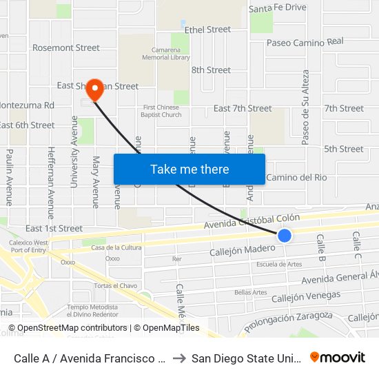 Calle A / Avenida Francisco Madero to San Diego State University map
