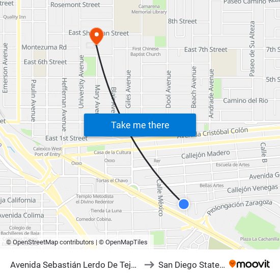 Avenida Sebastián Lerdo De Tejada / Nicolás Bravo to San Diego State University map