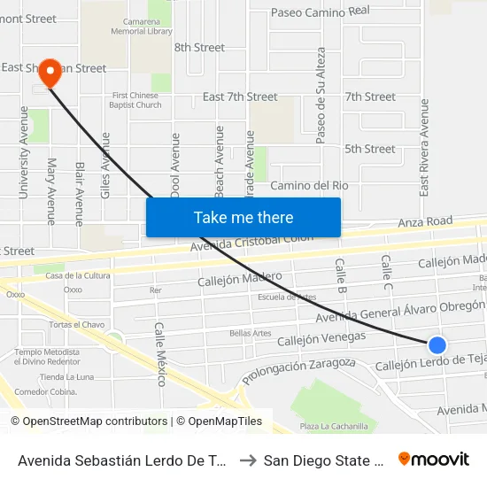 Avenida Sebastián Lerdo De Tejada / Calle D to San Diego State University map