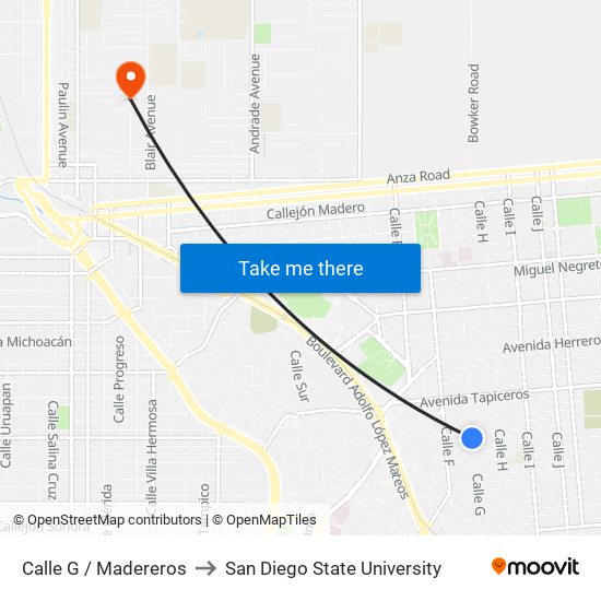 Calle G / Madereros to San Diego State University map