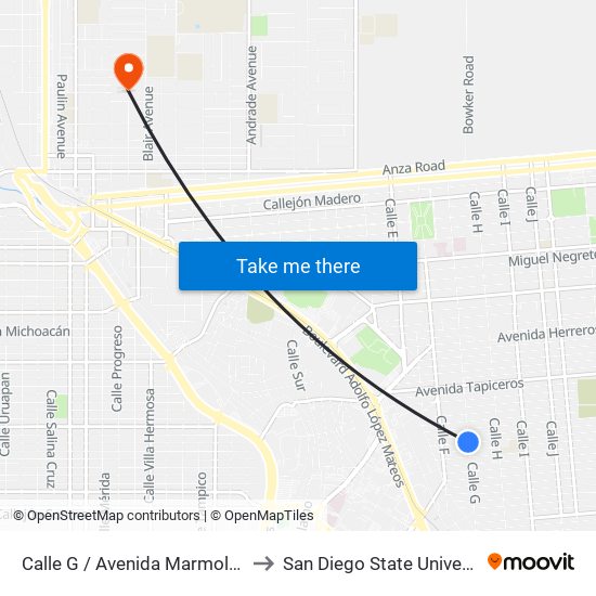 Calle G / Avenida Marmoleros to San Diego State University map