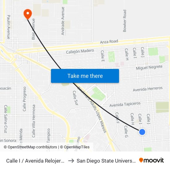 Calle I / Avenida Relojeros to San Diego State University map