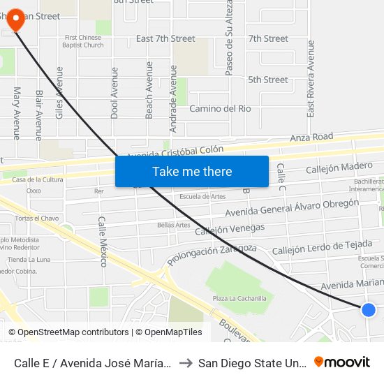 Calle E / Avenida José María Larroque to San Diego State University map