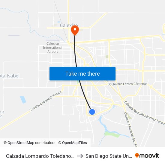 Calzada Lombardo Toledano / Caldera to San Diego State University map