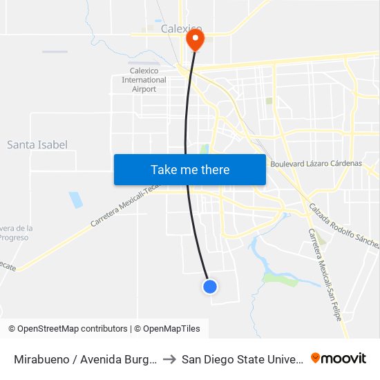 Mirabueno / Avenida Burguete to San Diego State University map