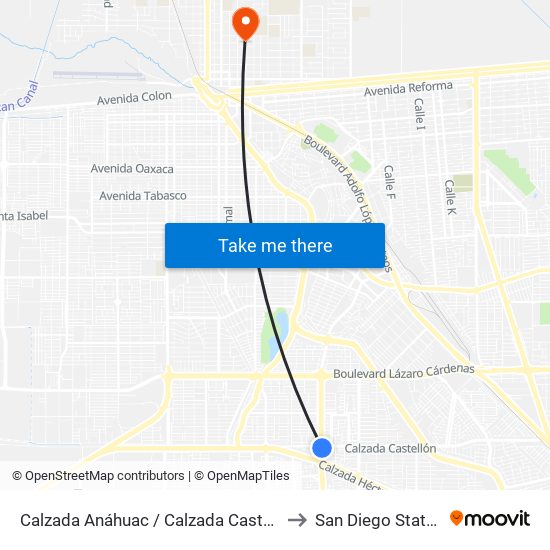 Calzada Anáhuac / Calzada Castellón O Islas Malvinas to San Diego State University map