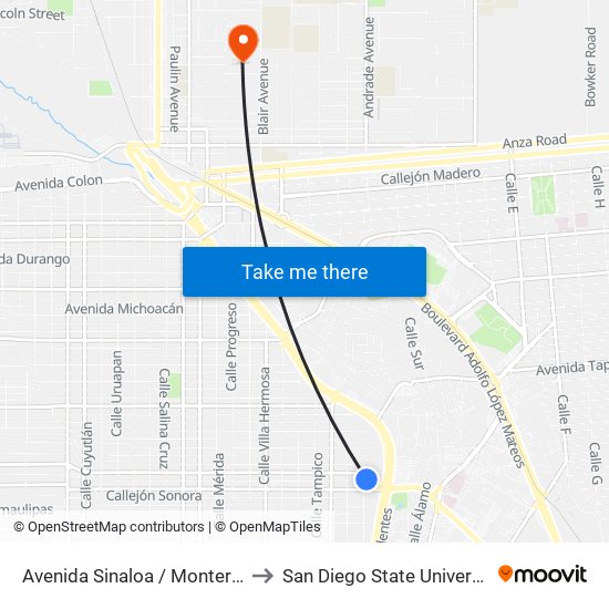 Avenida Sinaloa / Monterrey to San Diego State University map