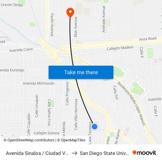 Avenida Sinaloa / Ciudad Victoria to San Diego State University map