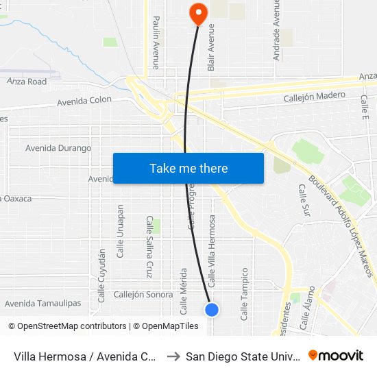 Villa Hermosa / Avenida Coahuila to San Diego State University map