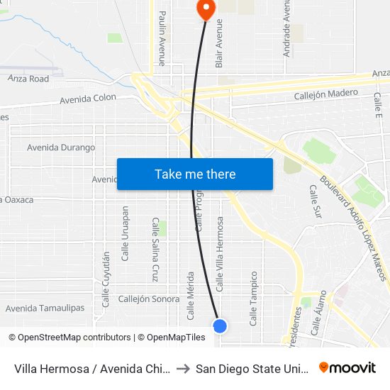Villa Hermosa / Avenida Chihuahua to San Diego State University map