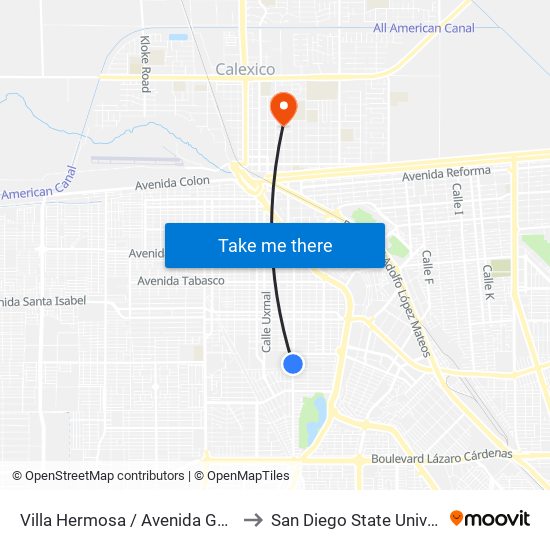 Villa Hermosa / Avenida Guasave to San Diego State University map