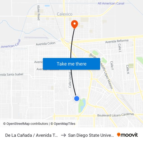 De La Cañada / Avenida Taxco to San Diego State University map