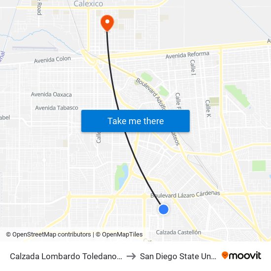 Calzada Lombardo Toledano / Orozco to San Diego State University map