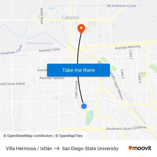 Villa Hermosa / Ixtlán to San Diego State University map