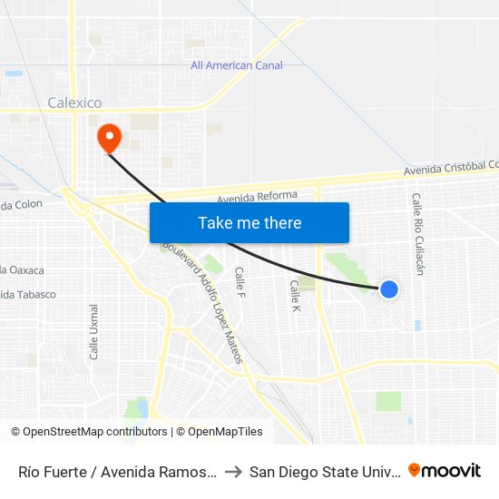 Río Fuerte / Avenida Ramos Arizpe to San Diego State University map