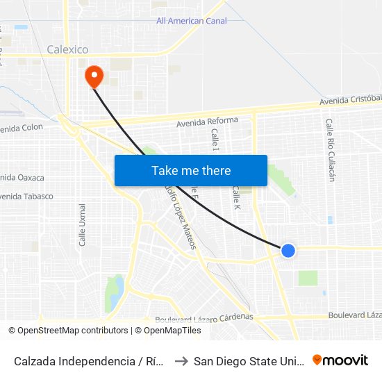 Calzada Independencia / Río Tijuana to San Diego State University map