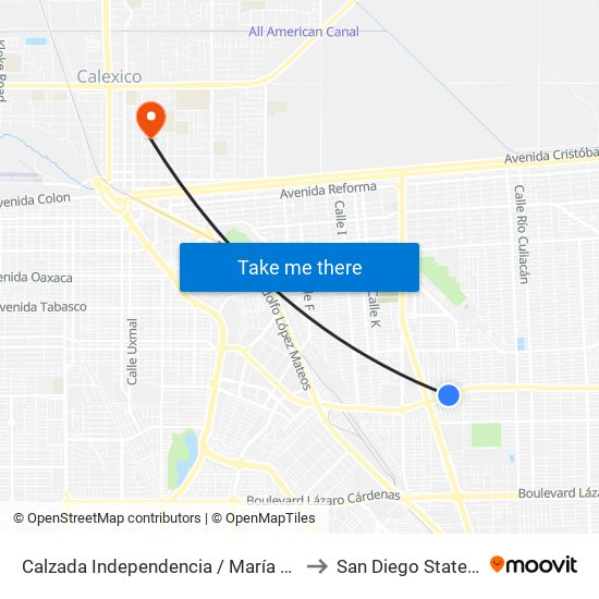 Calzada Independencia / María Rodríguez Del Toro to San Diego State University map