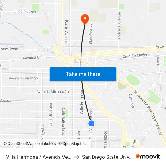 Villa Hermosa / Avenida Veracruz to San Diego State University map