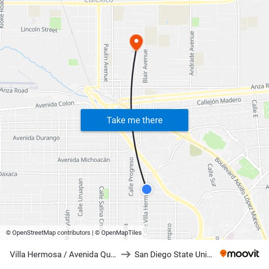 Villa Hermosa / Avenida Querétaro to San Diego State University map