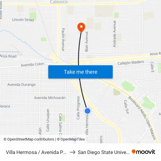 Villa Hermosa / Avenida Puebla to San Diego State University map