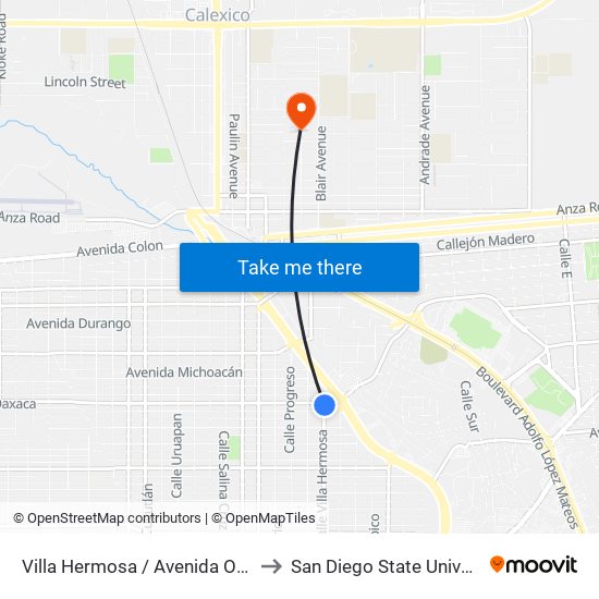 Villa Hermosa / Avenida Oaxaca to San Diego State University map