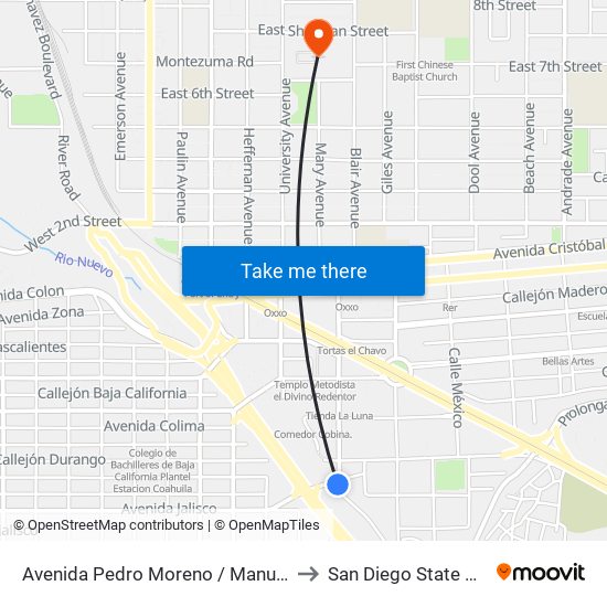 Avenida Pedro Moreno / Manuel Altamirano to San Diego State University map