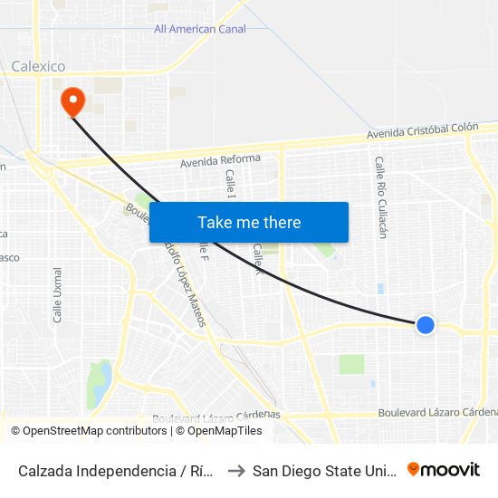 Calzada Independencia / Río Quelite to San Diego State University map