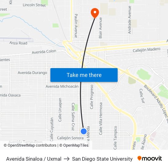 Avenida Sinaloa / Uxmal to San Diego State University map