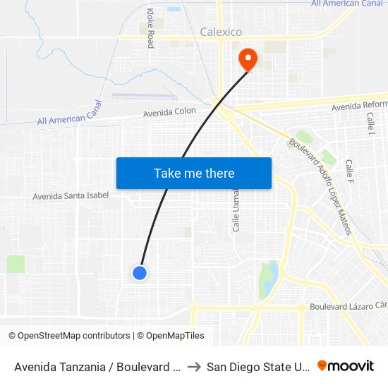 Avenida Tanzania / Boulevard Luis Álvarez to San Diego State University map