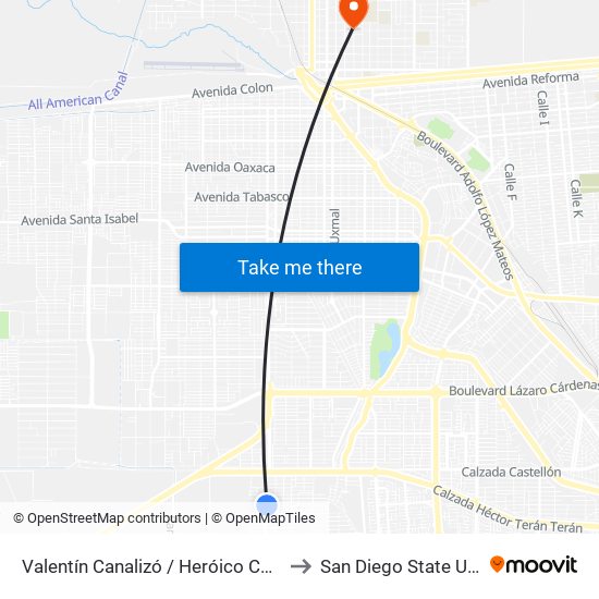 Valentín Canalizó / Heróico Colegio Militar to San Diego State University map