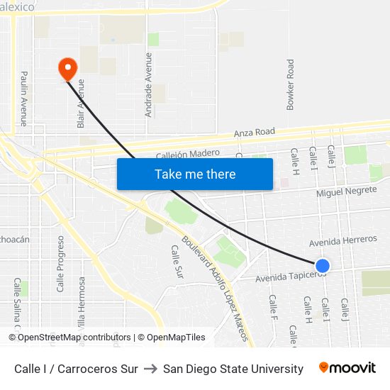 Calle I / Carroceros Sur to San Diego State University map