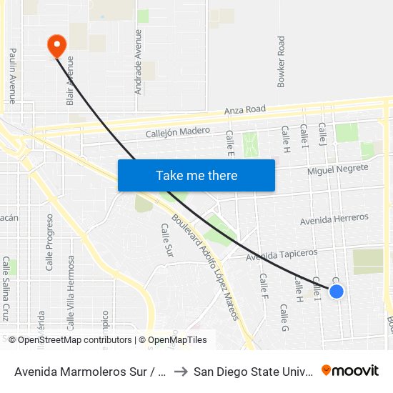 Avenida Marmoleros Sur / Calle J to San Diego State University map
