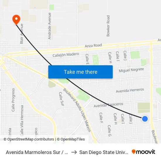 Avenida Marmoleros Sur / Calle L to San Diego State University map