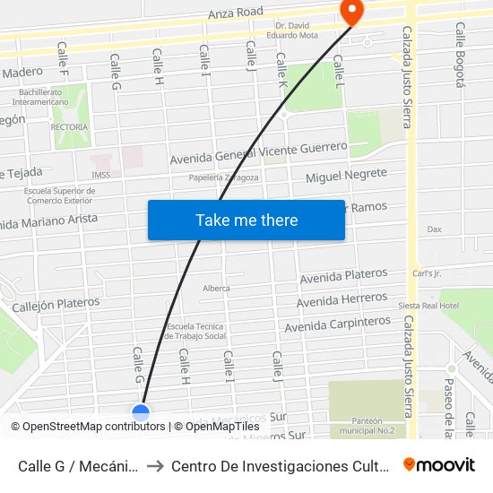 Calle G / Mecánicos to Centro De Investigaciones Culturales map