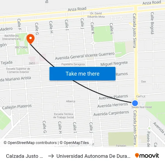 Calzada Justo Sierra, 950_1 to Universidad Autonoma De Durango Campus Mexicali map