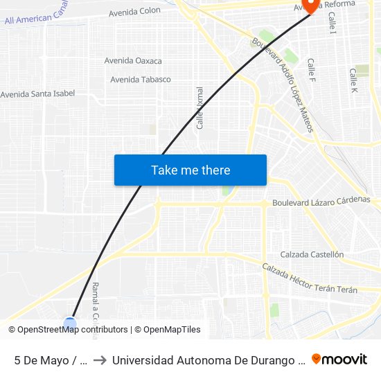 5 De Mayo / Décima to Universidad Autonoma De Durango Campus Mexicali map