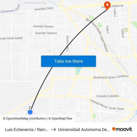 Luis Echeverría / Ramal A Colonia Ahumadita to Universidad Autonoma De Durango Campus Mexicali map