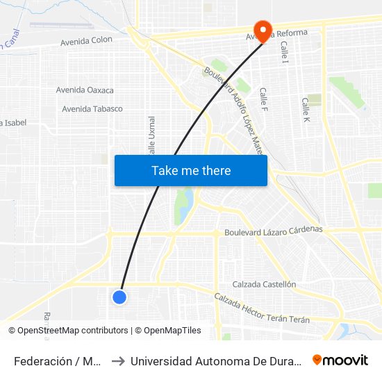 Federación / Martín Carrera to Universidad Autonoma De Durango Campus Mexicali map