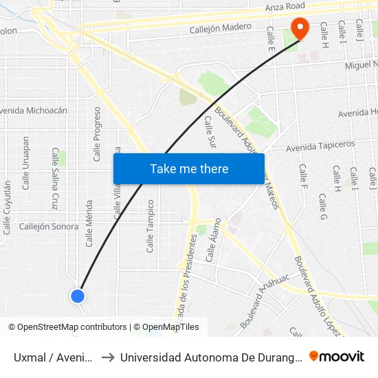 Uxmal / Avenida Cosala to Universidad Autonoma De Durango Campus Mexicali map