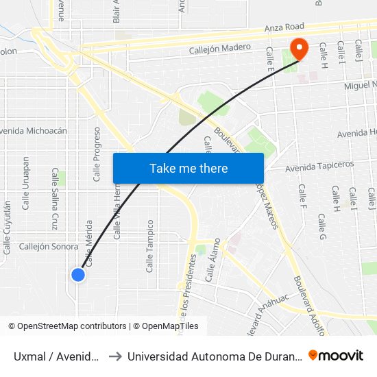 Uxmal / Avenida Chihuahua to Universidad Autonoma De Durango Campus Mexicali map