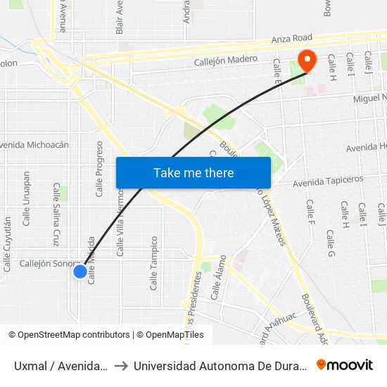 Uxmal / Avenida Tamaulipas to Universidad Autonoma De Durango Campus Mexicali map