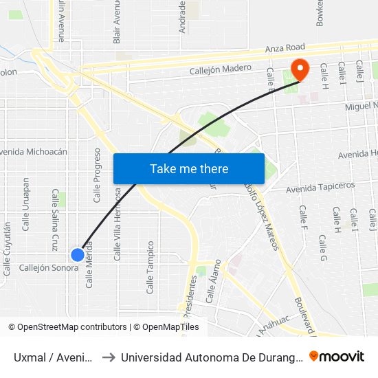 Uxmal / Avenida Sinaloa to Universidad Autonoma De Durango Campus Mexicali map