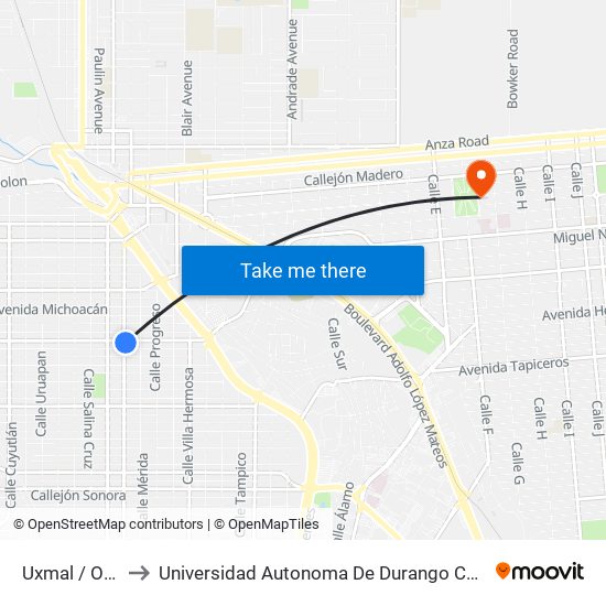 Uxmal / Oaxaca to Universidad Autonoma De Durango Campus Mexicali map