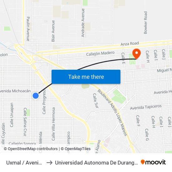 Uxmal / Avenida Nayarit to Universidad Autonoma De Durango Campus Mexicali map